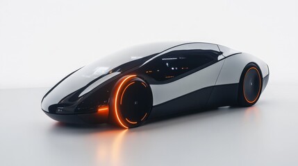 A futuristic car with a sleek, streamlined body and glowing digital displays, resting on a bright white backdrop, symbolizing the future of electric vehicles
