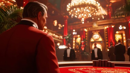 A stylish gentleman in a casino, focused on poker chips at a vibrant roulette table.