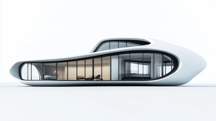 Obraz premium A futuristic home with sleek, curved architecture and floating features, displayed against a clean white backdrop, representing the future of home design