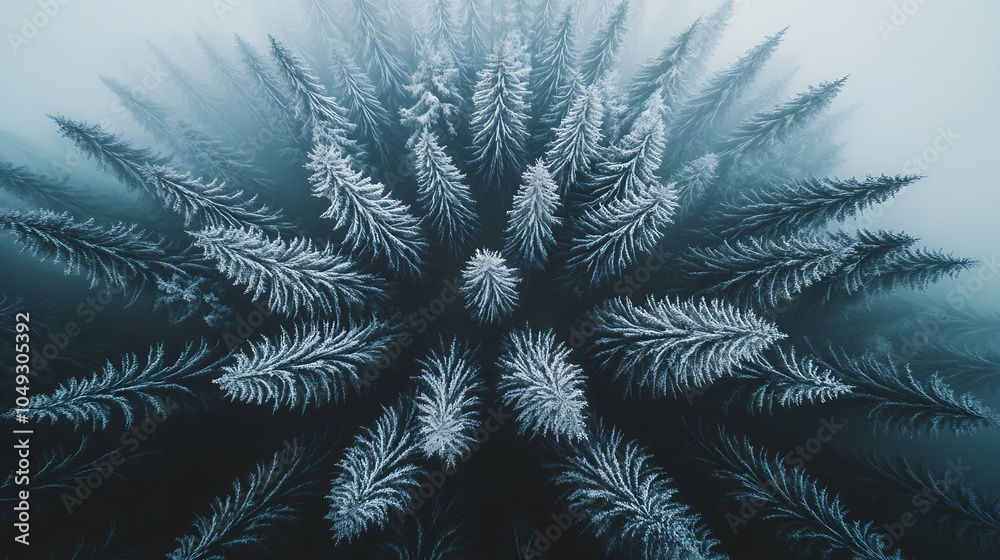 Poster symmetrical icecovered trees in winter wonderland aerial perspective : generative ai