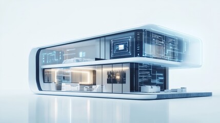 A futuristic smart home with glowing digital panels and sleek, modern design, displayed on a white background, representing the next era of housing