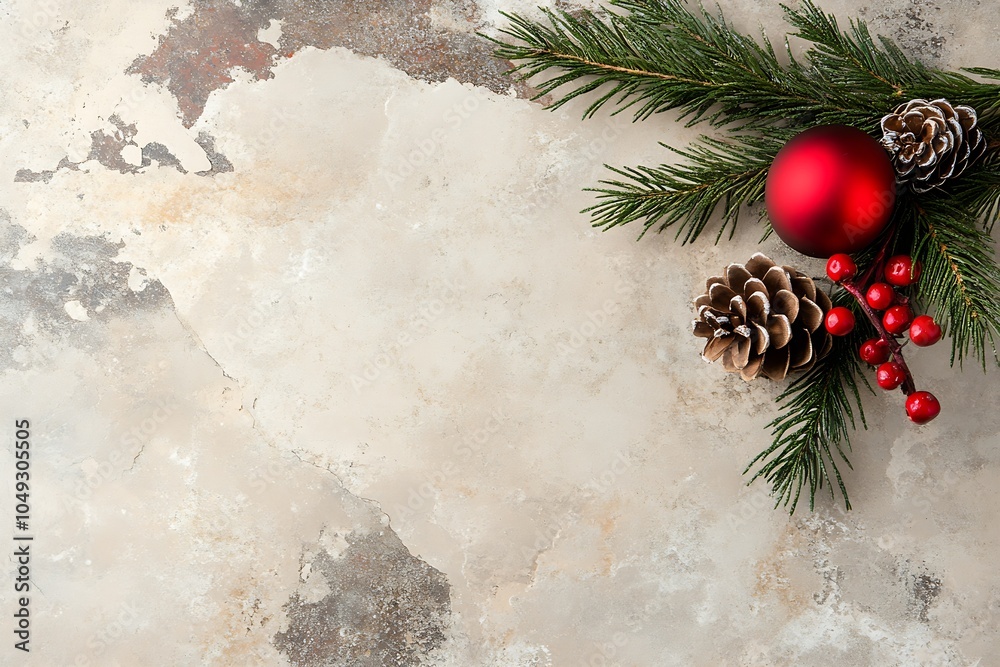 Poster Festive Red Christmas Ornament and Pine Cones on Rustic Background with Greenery : Generative AI