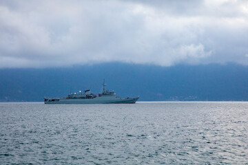 Ilhabela beach, view with warship, view of mountains, island on the Brazilian coast