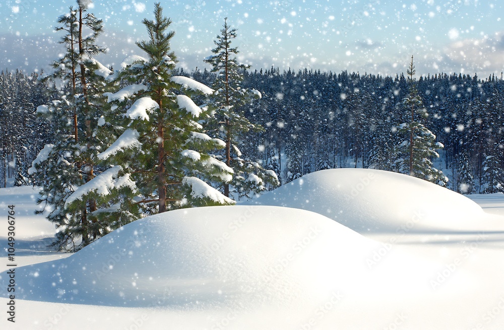 Poster pristine snow covered landscape with evergreen pines in winter wonderland : generative ai