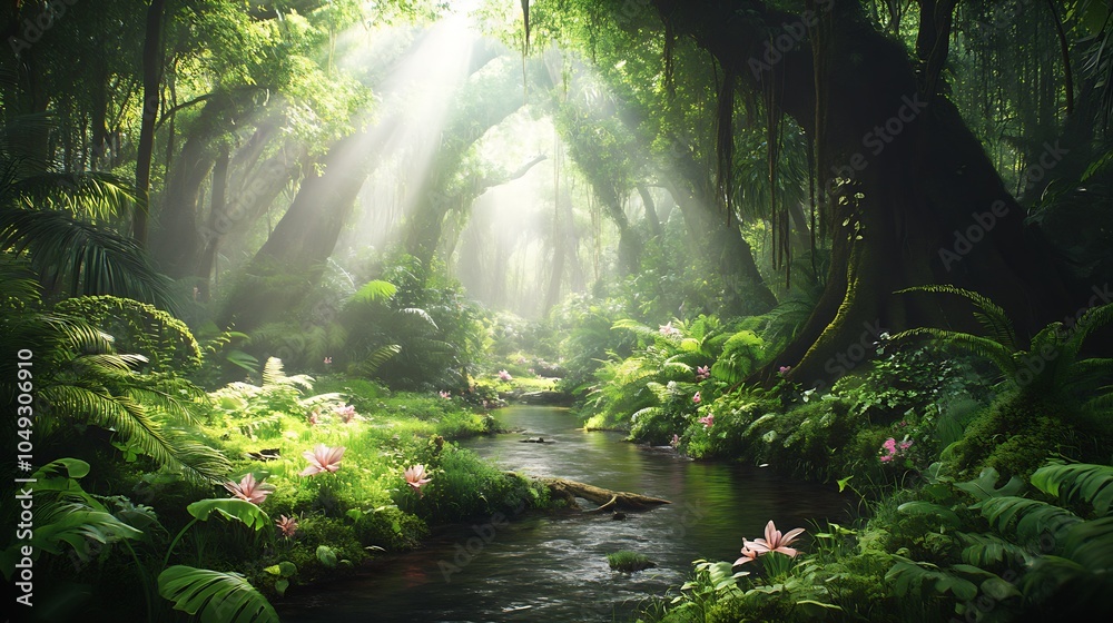 Poster Lush Green Jungle with Sunbeams Through Trees and Serene Stream Creating a Mystical Atmosphere : Generative AI
