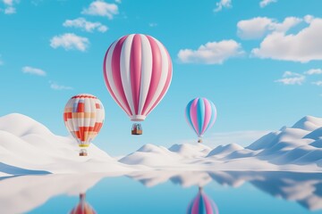 Obraz premium Colorful hot air balloons soaring above serene snowy landscape under a blue sky.