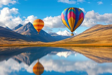 Fototapeta premium Colorful hot air balloons flying over a serene lake with majestic mountains in the background.