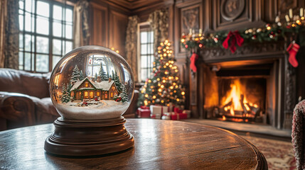 Cozy living room adorned with Christmas decorations features snow globe on wooden table, glowing fireplace, and beautifully lit Christmas tree