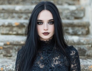 Naklejka premium Mysterious woman in black lace dress