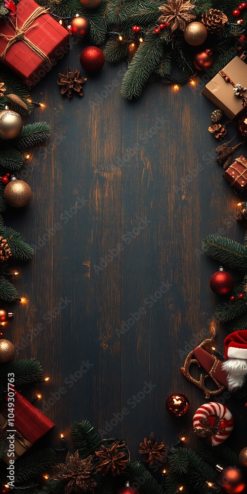 Poster Festive Rustic Christmas Border with Pine Cones and Fir Branches on Wooden Background : Generative AI