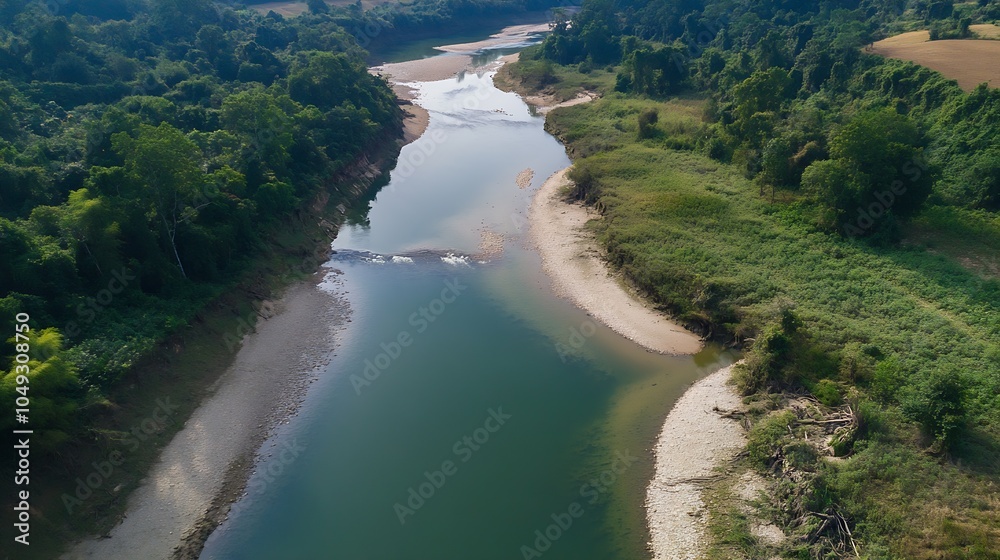 Poster Untouched River Flowing Through Dense Forest and Rolling Hills in Pristine Natural Setting : Generative AI