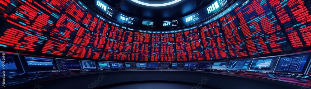 Poster futuristic control room with screens displaying data and charts, high-tech environment, digital inte