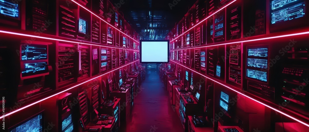 Poster futuristic data center with glowing screens and a central display, creating an immersive tech enviro