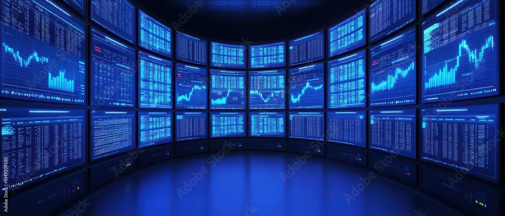 Poster futuristic data visualization room with multiple screens displaying stock market trends and analytic