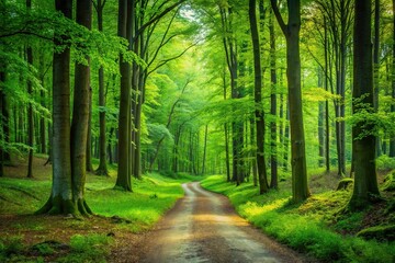 Fototapeta premium A lush green forest with tall trees and a winding path leading into the distance, greenery, leafy greens, natural scenery, forest