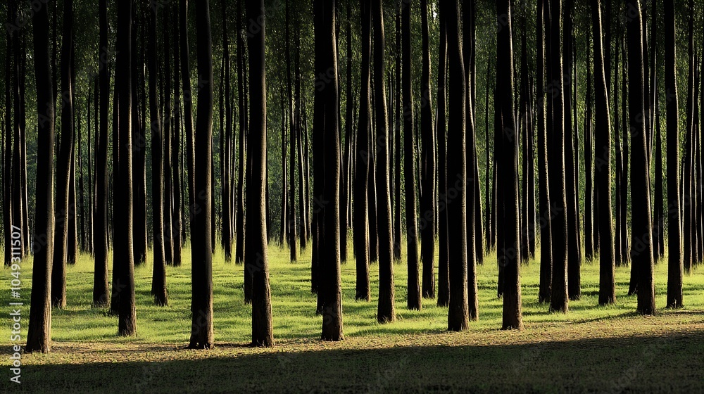 Poster Tall Pine Trees Casting Shadows in Mysterious Sunlit Forest Landscape : Generative AI