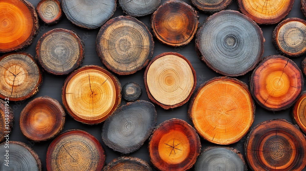 Poster Natural Wooden Log Slices with Unique Patterns for Rustic Decor Backgrounds and Crafts : Generative AI