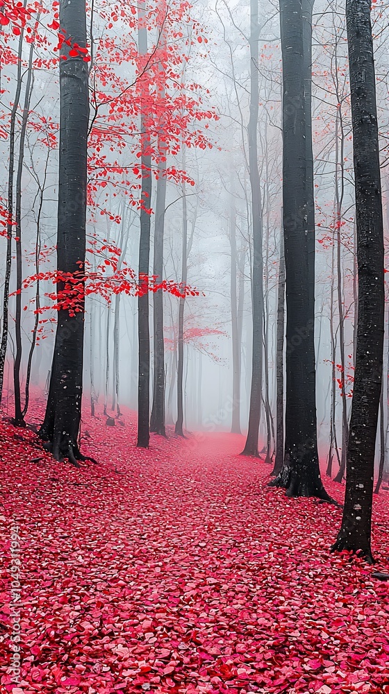 Poster magical red leaf carpeted forest pathway through misty woods : generative ai