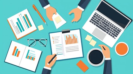 Overview of a business workspace with charts, a laptop, and hands collaborating.