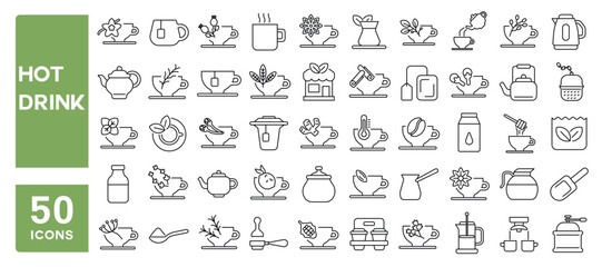 Set of 50 line icons related to hot drink, tea, coffee, teapot, herbs, spices, cinnamon, anise, espresso, steam, Editable stroke. Vector illustration