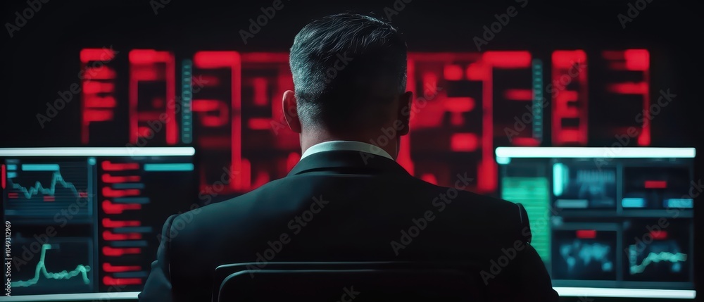 Poster professional man analyzing data on multiple screens in a dark environment with high-tech graphics.