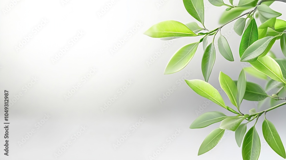 Poster fresh green leaves on a branch against a soft white background : generative ai