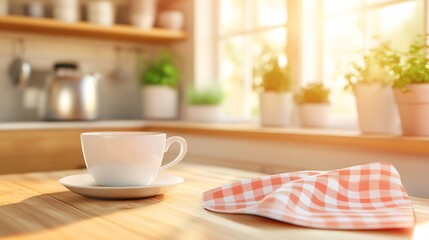 Comforting Tea Set on Sunlit Kitchen Table Surrounded by Herb Plants for a Cozy Refreshing Morning Ritual : Generative AI