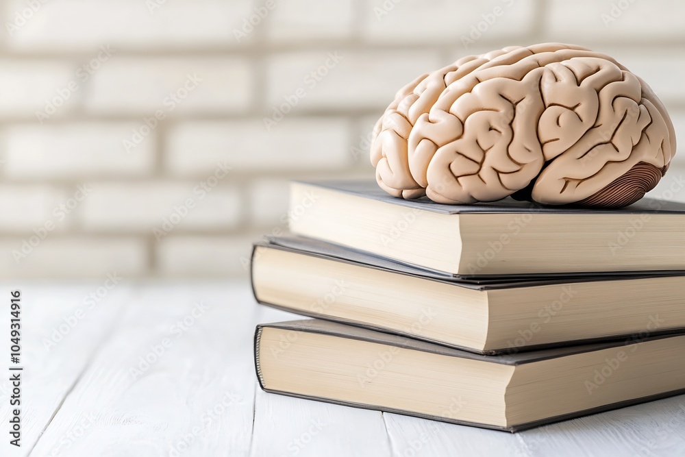 Poster educational concept with artificial human brain on stack of books : generative ai