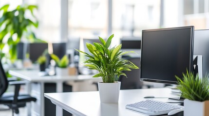 Fototapeta premium Bright Open Office with White Desks and Vibrant Green Plant Accents : Generative AI