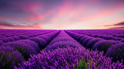 Obraz premium Vibrant lavender fields under a colorful sunset sky, creating a serene and peaceful atmosphere.