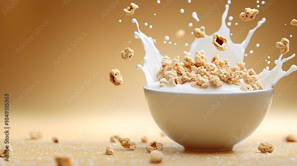 Poster vibrant splashing milk with popcorn against soft golden background : generative ai