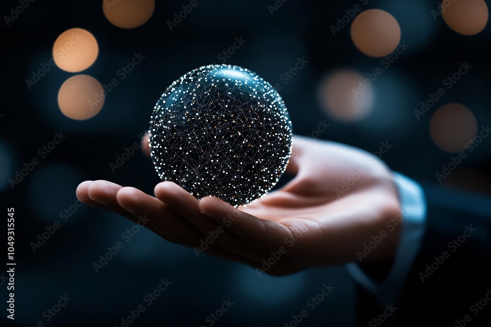 Poster futuristic hand holding a networked crystal ball of connected dots symbolizing modern technology : g