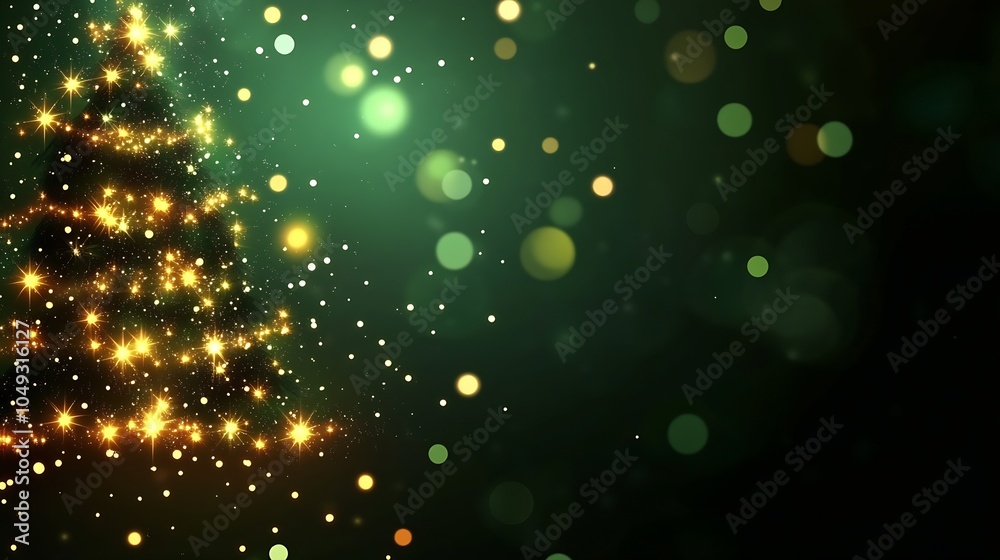 Poster glittering christmas tree silhouette with glowing bokeh lights on green background : generative ai