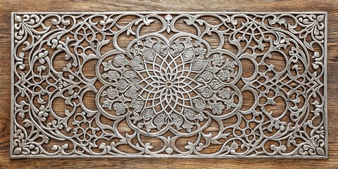 Obraz premium Intricate silver filigree pattern etched into a wooden panel, wood grain, natural texture, craftsmanship, unique feature