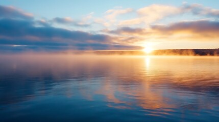 Fototapeta premium Serene sunrise over tranquil misty lake reflecting vibrant morning sky ambiance : Generative AI