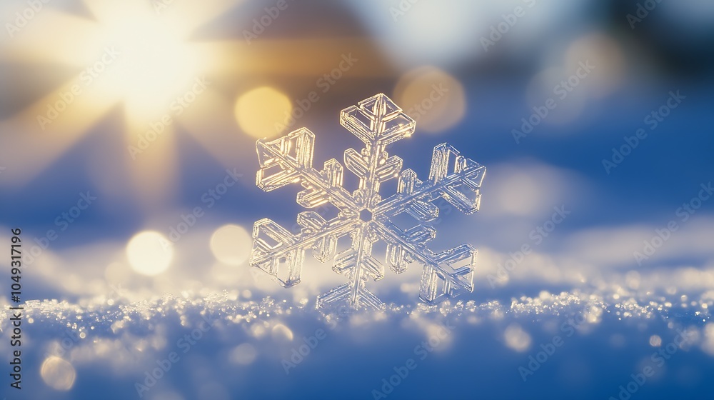 Poster Closeup View of a Sparkling Snowflake in the Golden Winter Sunrise with Glittering Bokeh : Generative AI