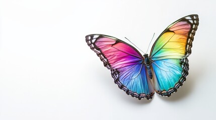 Obraz premium A rainbow butterfly featuring a beautiful gradient of colors on its wings, hovering on a white background, displaying a peaceful and colorful scene