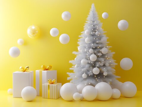 Modern Holiday Display with Snowy Christmas Tree Bright Balls and Gifts : Generative AI
