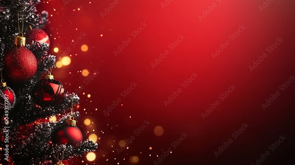 Poster festive christmas tree with vibrant red and gold ornaments on shimmering red background : generative
