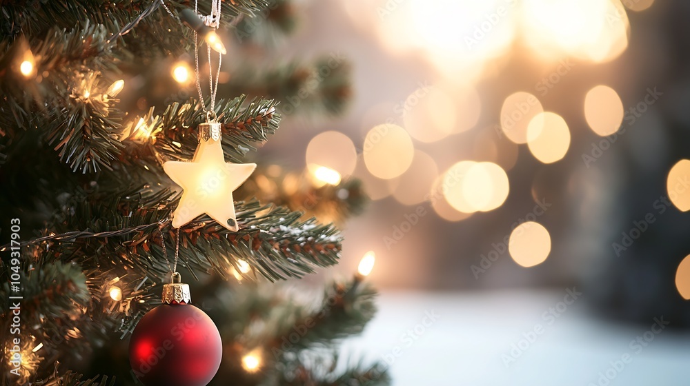 Aufkleber christmas tree with red and white ornaments by a glowing window : generative ai