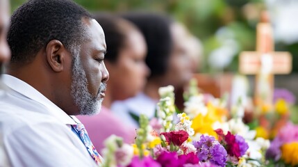 Pensive man in deep contemplation surrounded by colorful flowers at a solemn memorial service outdoors : Generative AI