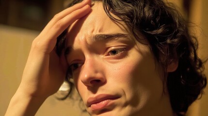 Obraz premium Close-up portrait of a young person with a worried expression, touching their forehead, showing signs of anxiety and stress.