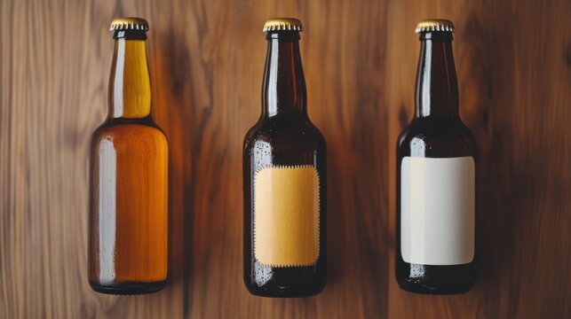 飲料パッケージデザイン用の木製の背景に各種クラフトビールボトル