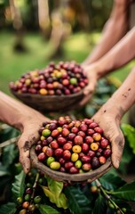 Farmers Presenting Ripe Coffee Cherries in Ceramic Bowls During Harvest Season : Generative AI