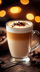 Elegant Latte Macchiato with Foam Art in Cozy Caf&eacute; Setting with Ambient Lighting : Generative AI