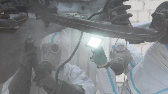 craftsmen sandblast the body frame of a truck, body restoration, work with metal corrosion.