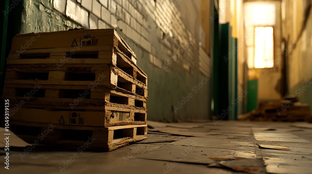 Aufkleber stack of wooden pallets in abandoned industrial hallway with ambient lighting : generative ai