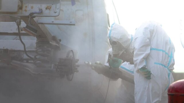 craftsmen sandblast the body frame of a truck, body restoration, work with metal corrosion.
