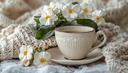 Obraz na płótnie Canvas Elegant White Teacup with Blossoming Daisies and Cozy Knit Décor : Generative AI