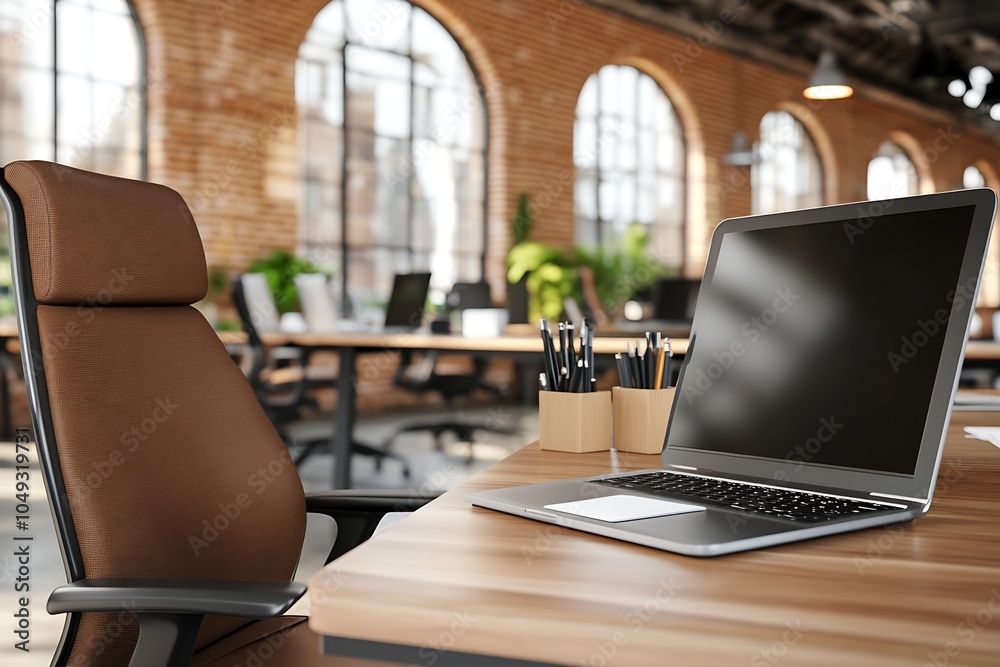 Poster stylish workspace with laptop and comfortable chair in loft office : generative ai
